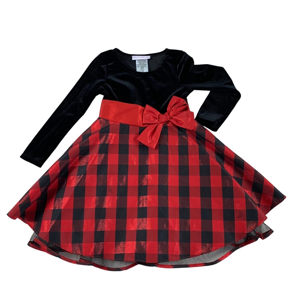 Bonnie Jean Red Buffalo Taffeta Flare Party Dress Girl's 3T Plaid Holiday Casual